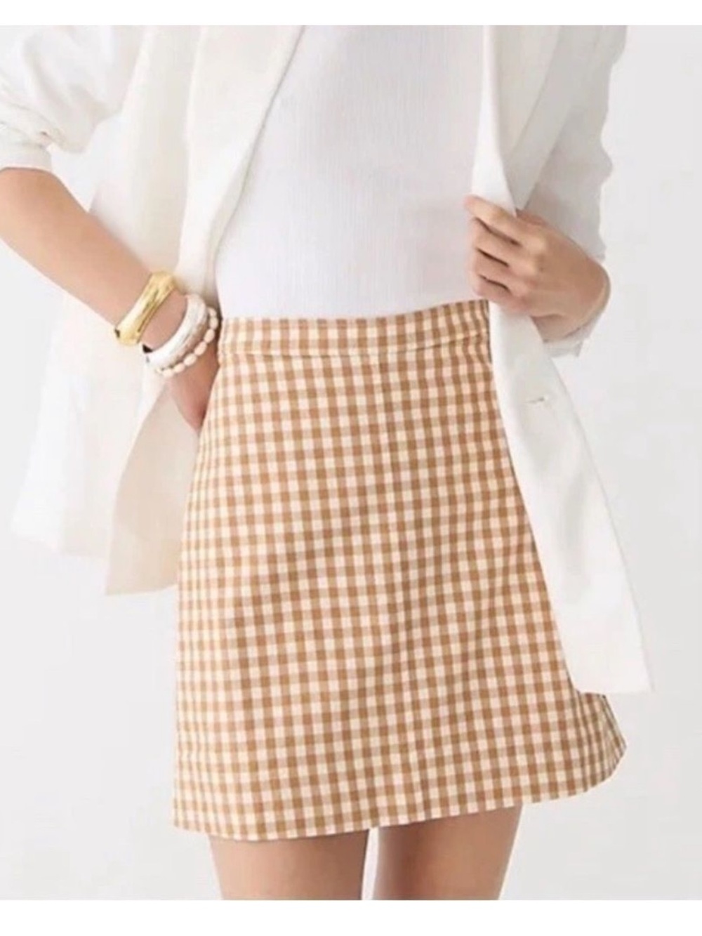 J. Crew Mini Gingham Skirt in Tan and White